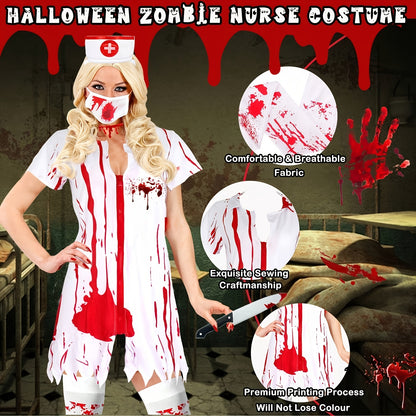 6pcs Halloween Nurse Costume Set for Women - Vintage Style, Polyester Fiber, Includes Dress, Hat, Blood-Dripping Necklace, Fake Knife, and Stockings with Red Accents, Perfect for Adult Cosplay