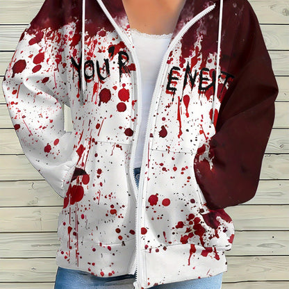 Women's Gothic Horror Jacket - Two-Tone Red Blood Splatter Hooded Zipper Coat, Halloween Costume Outerwear, Machine Washable Party Jacket for Themed Events & Casual Attire, Casual Streetwear, Edgy Fashion, Comfortable Fit, St