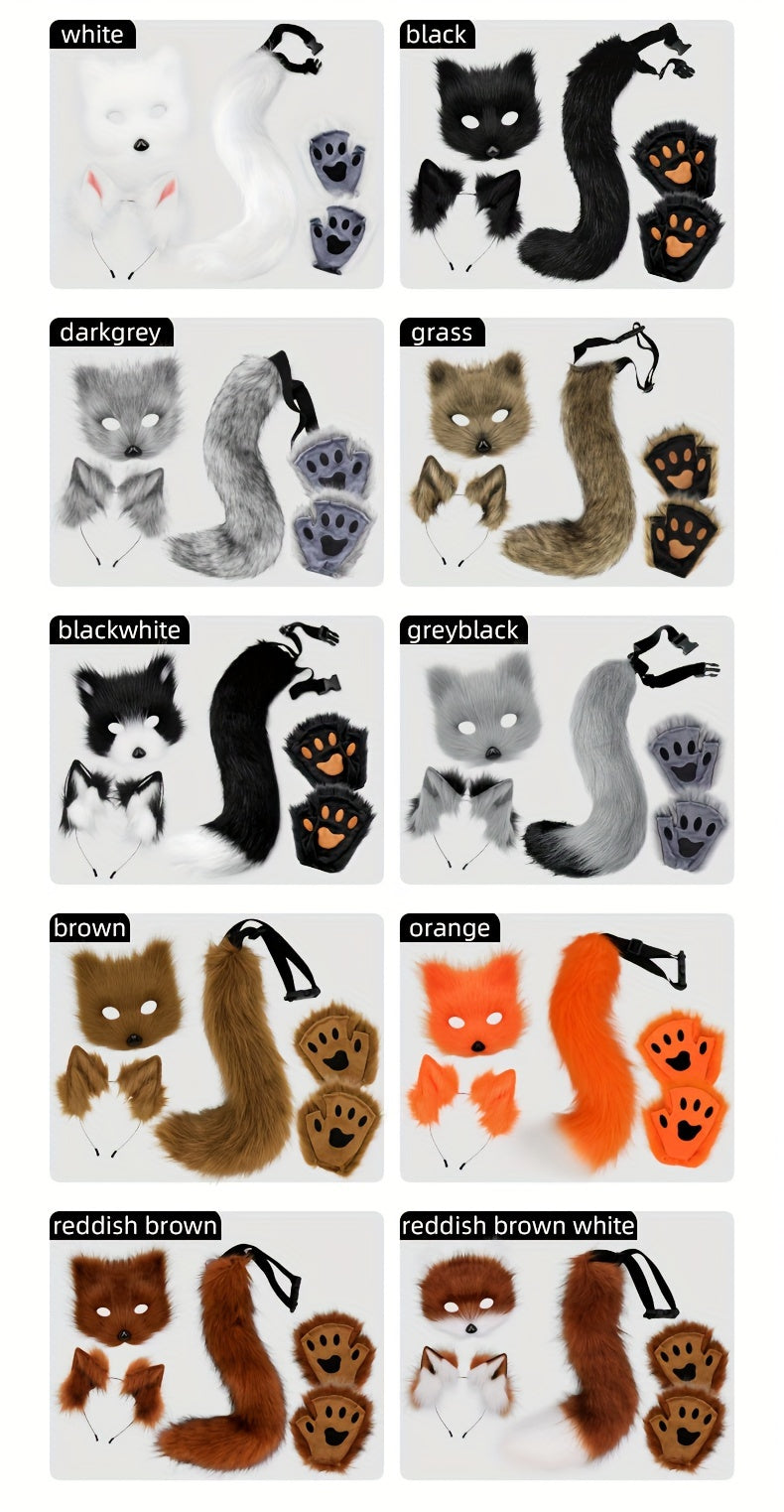 [Halloween Christmas] 4pcs Set, Adjustable Faux Fox Fur Mask Costume - Bendable Tail, Ears Headband and Gloves - Halloween/Christmas Role Play, Carnival Party, Without Battery
