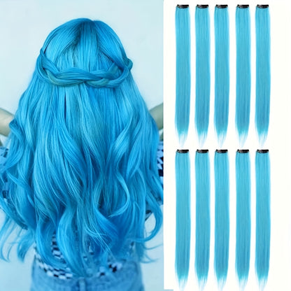 10pcs Glowing Clip-In Synthetic Hair Extensions 20-Inch Colorful Neon Glow-in-the-Dark Wigs, Easy-to-Wear Clip Design, Smooth Soft Texture, Women'S Daily Fashion Accessory for Halloween New Year Parties