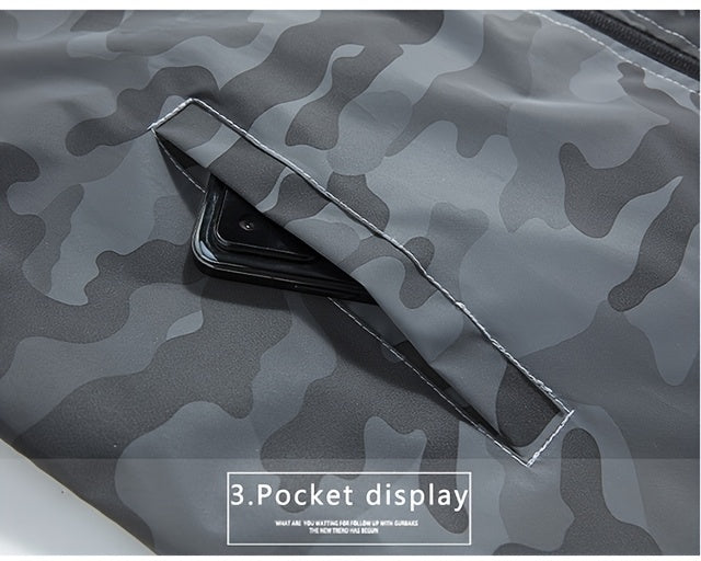 Men's Reflective Camo Soft Shell Jacket - Lightweight Polyester, Zip-Up Design with Flap Pockets, Gray Camouflage Pattern for Outdoor Activities, Running, Training, Hiking & Cycling - Perfect for Casual Wear