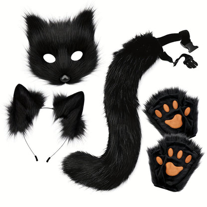 [Halloween Christmas] 4pcs Set, Adjustable Faux Fox Fur Mask Costume - Bendable Tail, Ears Headband and Gloves - Halloween/Christmas Role Play, Carnival Party, Without Battery