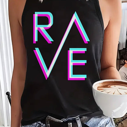 Women's Sexy Sleeveless Tank Top - Black with Neon Pink & Blue 'RAVE' Letter Print, 100% Polyester, Stretchy Round Neck, Machine Washable, All-Season Casual Wear