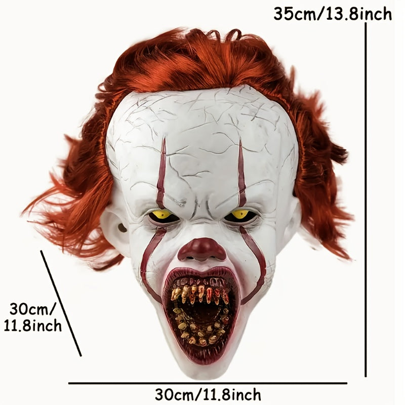 [Scary Clown Horror Mask] Realistic Menacing Halloween Clown Horror Mask | Light Beige, Red Hair, Sharp Teeth - Latex Full Face Mask for Halloween Pranks, Haunted Houses, Scary Performances - Adult Costume Makeup, Detailed Cr