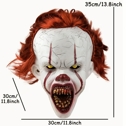 [Scary Clown Horror Mask] Realistic Menacing Halloween Clown Horror Mask | Light Beige, Red Hair, Sharp Teeth - Latex Full Face Mask for Halloween Pranks, Haunted Houses, Scary Performances - Adult Costume Makeup, Detailed Cr