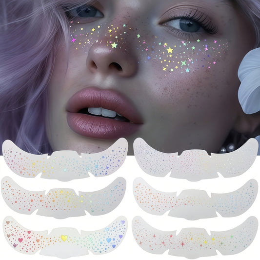 6 Sheets Glitter Freckles Holographic Stickers Heart Freckle Tattoos Glitter Stickers Waterproof Temp Tattoos with Glittery Star Heart Dot Pattern for Party Festival Daily Makeup