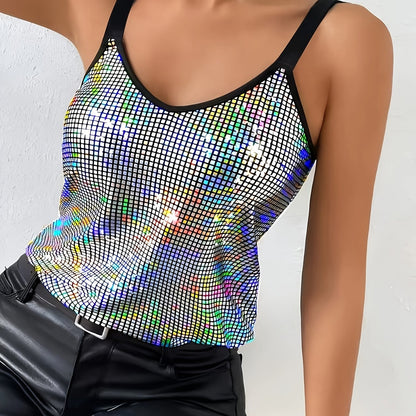 Elegant Golden Sequin V-Neck Sleeveless Tank Top for Women - Grid Pattern Shimmering All-Season Versatile Wear, Machine Washable, Tank Tops for s, Casual Chic, Stylish Blouse, Reflective Material, Trendy Blouse, Party Wear, E