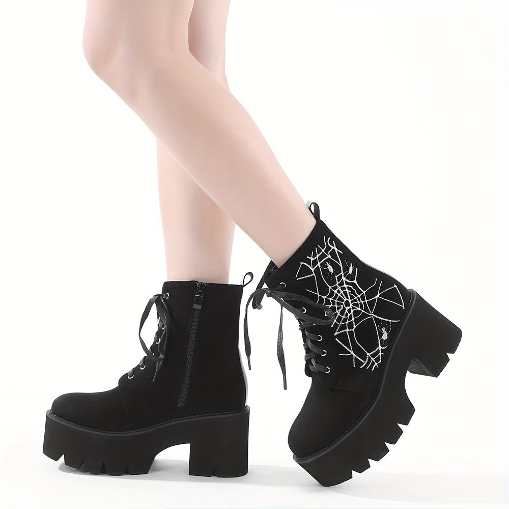 GDGYDH Women's Punk-Style Spiderweb Embroidered Ankle Boots with Chunky Heel, Lace-Up & Side Zipper - Comfortable All-Season Fashion Shoes
