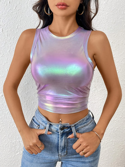 Women'S Fashion Metallic Holographic Crop Top, Polyester 97% Spandex 3% Knit Fabric, Crew Neck Sleeveless Pullover Vest for All Seasons