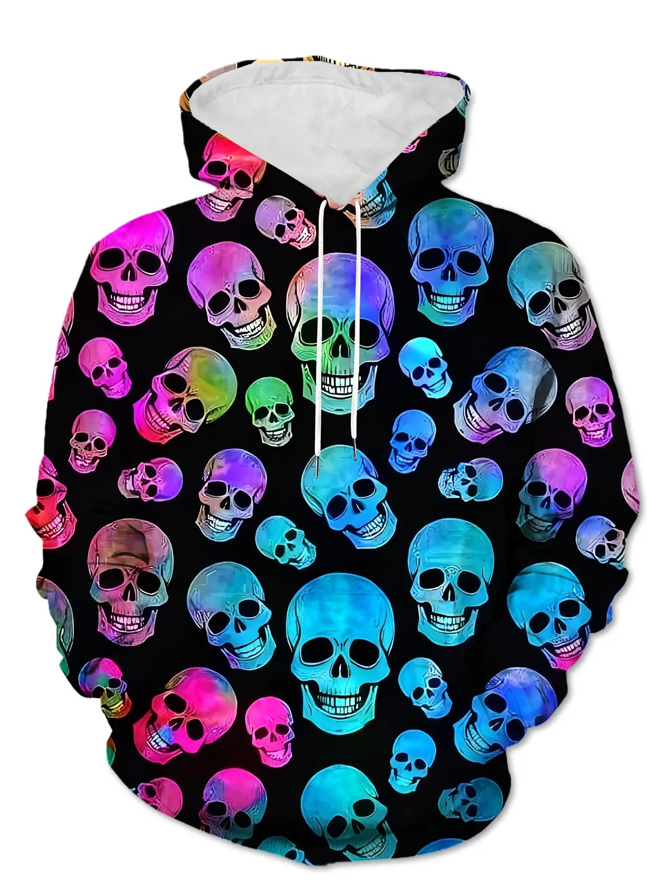 Men's 3D Skull Print Hooded Sweatshirt - Neon Glow Gothic Punk Style with Multicolor Gradient, Regular Fit Long Sleeve Pullover, Drawstring Hood & Pocket, Machine Washable Knit Fabric for Gym, Outdoor, Casual Wear (Skull Patt