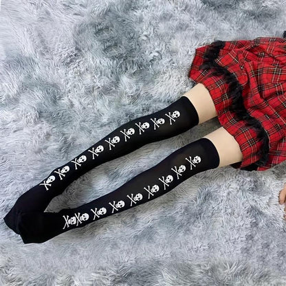 [Funny Halloween Socks] 3 Pairs Halloween Skull & Bat Print Women's Over-the-Knee Socks | Soft, Comfortable, Tight, High-Stretch for Parties & Daily Wear