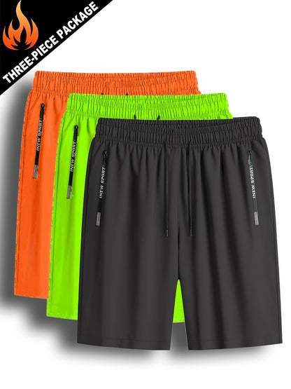 3pcs Men'S Lightweight Quick-Dry Running Shorts - Summer Casual Sport, Loose Fit, Zipper with White Accents, Elastic Waistband, Zipper Pockets, Polyester and Spandex Blend, Large Size