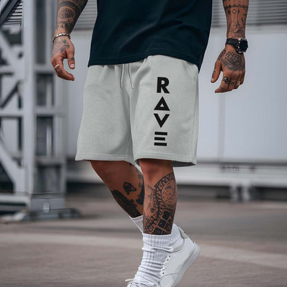 R V New Men's Summer Casual Shorts with RAVE Letter Print - Light Grey Regular Fit Outdoor Sports & Beach Vacation Shorts, American Fashion Trendy Lightweight Comfortable Design, Beach Vacation Apparel | Fashionable Casualwea