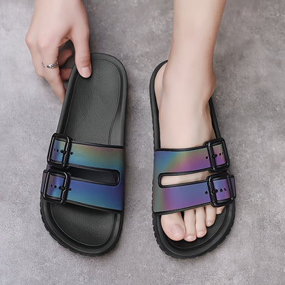 Unisex Fashion Slide Sandals | Adjustable Buckle Straps | Reflective Rainbow Holographic Design | Ultra-Fine Microfiber & EVA Sole | Non-Slip, Durable | Versatile Indoor/Outdoor Use, Strappy Sandals
