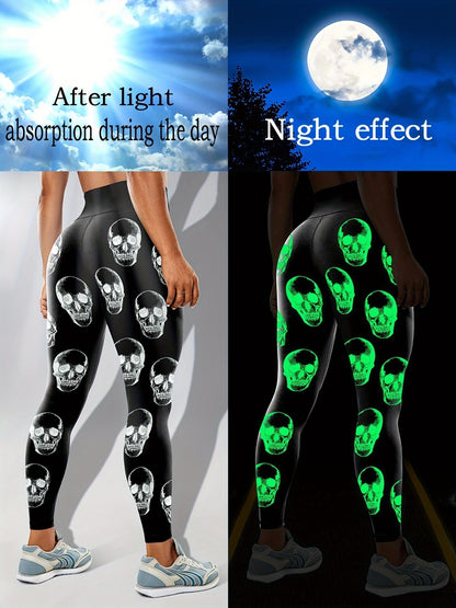 Halloween Fluorescent Skeleton Hands Printed Sports Yoga Leggings, High Waist Workout Running Sports Tight Pants, Women's Activewear Carnaval for carnival & Music Festival