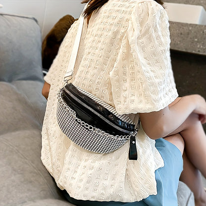 Shining Rhinestone Waist Bag, Bling-Bling belt bag for Women, Trendy Chain Decor Crossbody Chest Bag Bum Bag belt bag