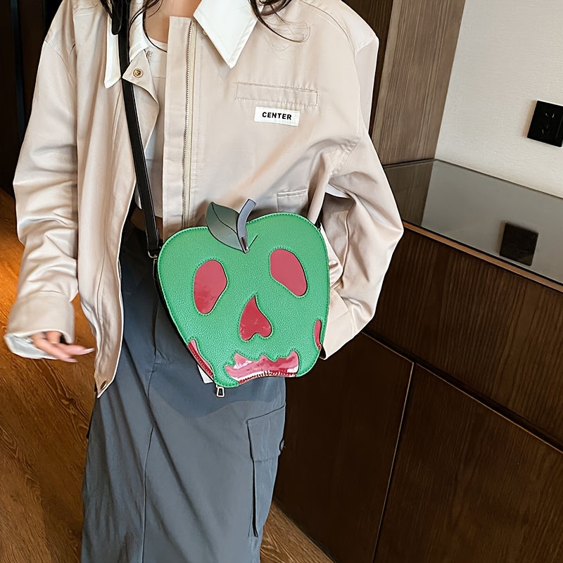 [Halloween] Women's Halloween Skeleton Apple Crossbody Bag - Adjustable Strap, Zipper Closure, Polyester Lining, Green & Red Contrast Design, Perfect For Halloween Accessories, Halloween Accessories Bag | Skeleton Apple Print