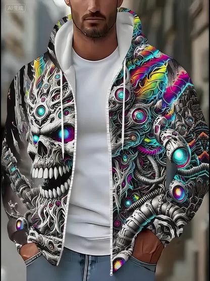 Men's Cyberpunk Gothic Hooded Jacket - Full-Zip Graphic Sweatshirt with Skull & Mechanical Eyes, Front Pockets, Adjustable Drawstring Hood - Lightweight Outerwear for Streetwear, Gym, Halloween Parties - Machine Washable Poly