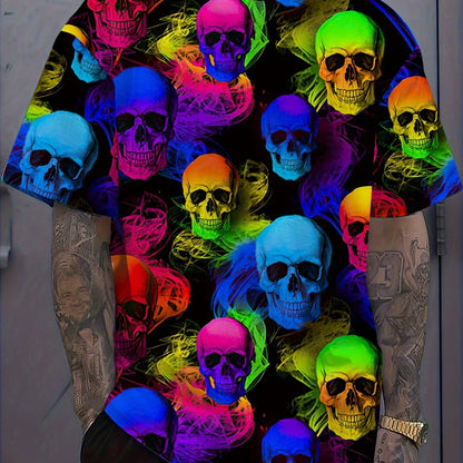 [Bold Skull Print T-Shirt] Men's Casual Short Sleeve T-Shirt - 100% Polyester, 3D Gradient Skull Print, Regular Fit, Machine Washable, Summer Outdoor & Street Fashion, Bold Pattern, Lightweight Fabric, Trendy Look for Young A