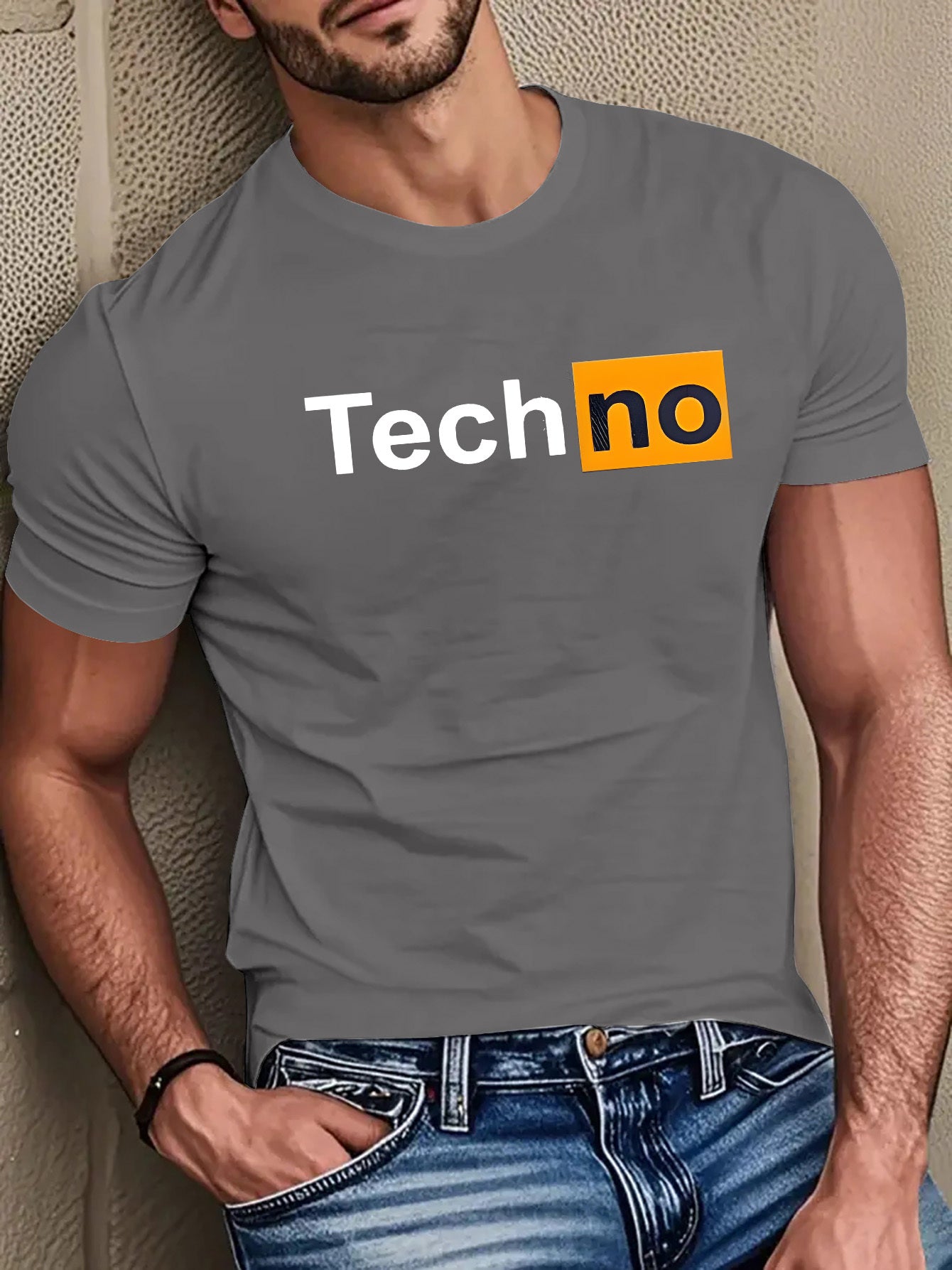 Men's Casual Summer T-Shirt - Soft Breathable Fabric with Bold "Techno" Letter Print & Orange Accent, Ribbed Collar, Regular Fit for Casual Attire, Summer T Shirts, Classic Round Neckline, Comfortable Tee Construction
