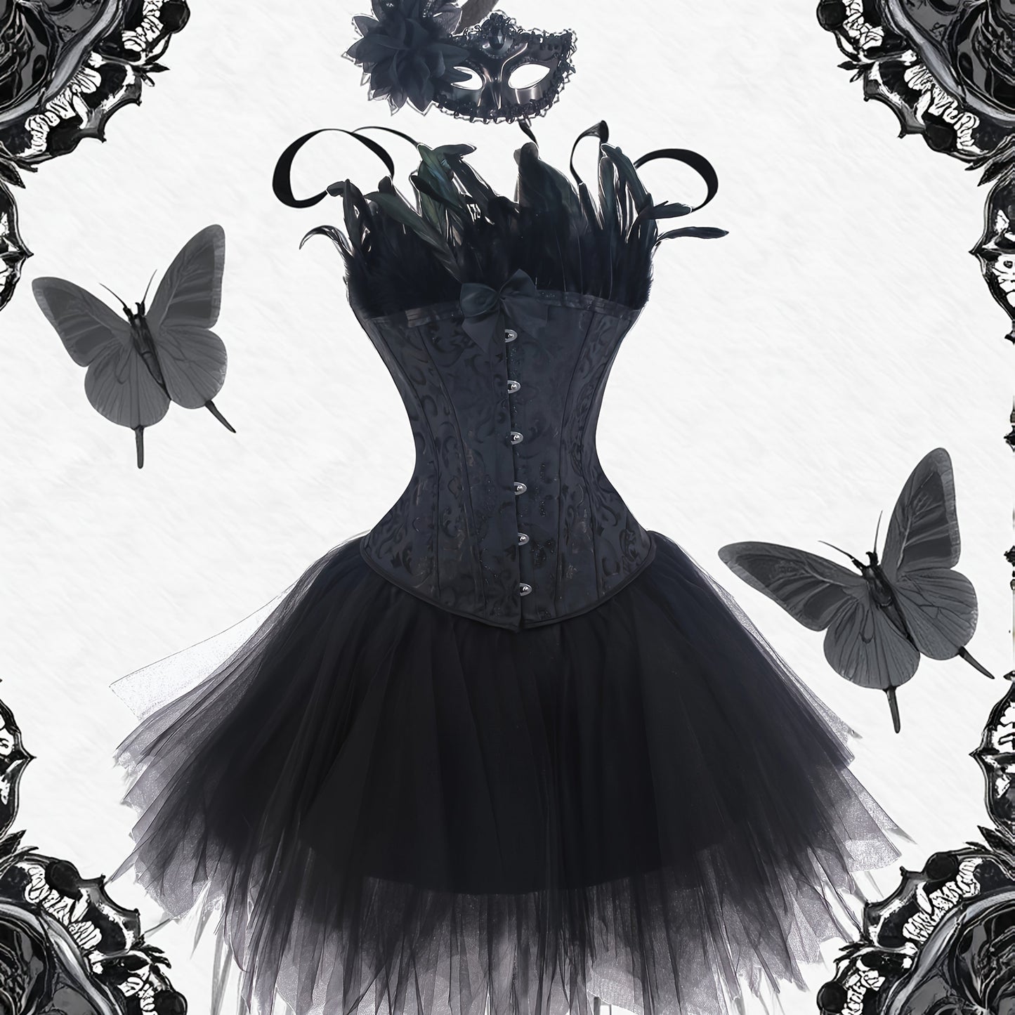 [Gothic Style Costume Set] Gothic Style Jacquard CORSETS + TUTU Skirt + Mask Set | Halloween Black Swan, Black Angel Costume Set - Party Outfit Set