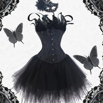 [Gothic Style Costume Set] Gothic Style Jacquard CORSETS + TUTU Skirt + Mask Set | Halloween Black Swan, Black Angel Costume Set - Party Outfit Set