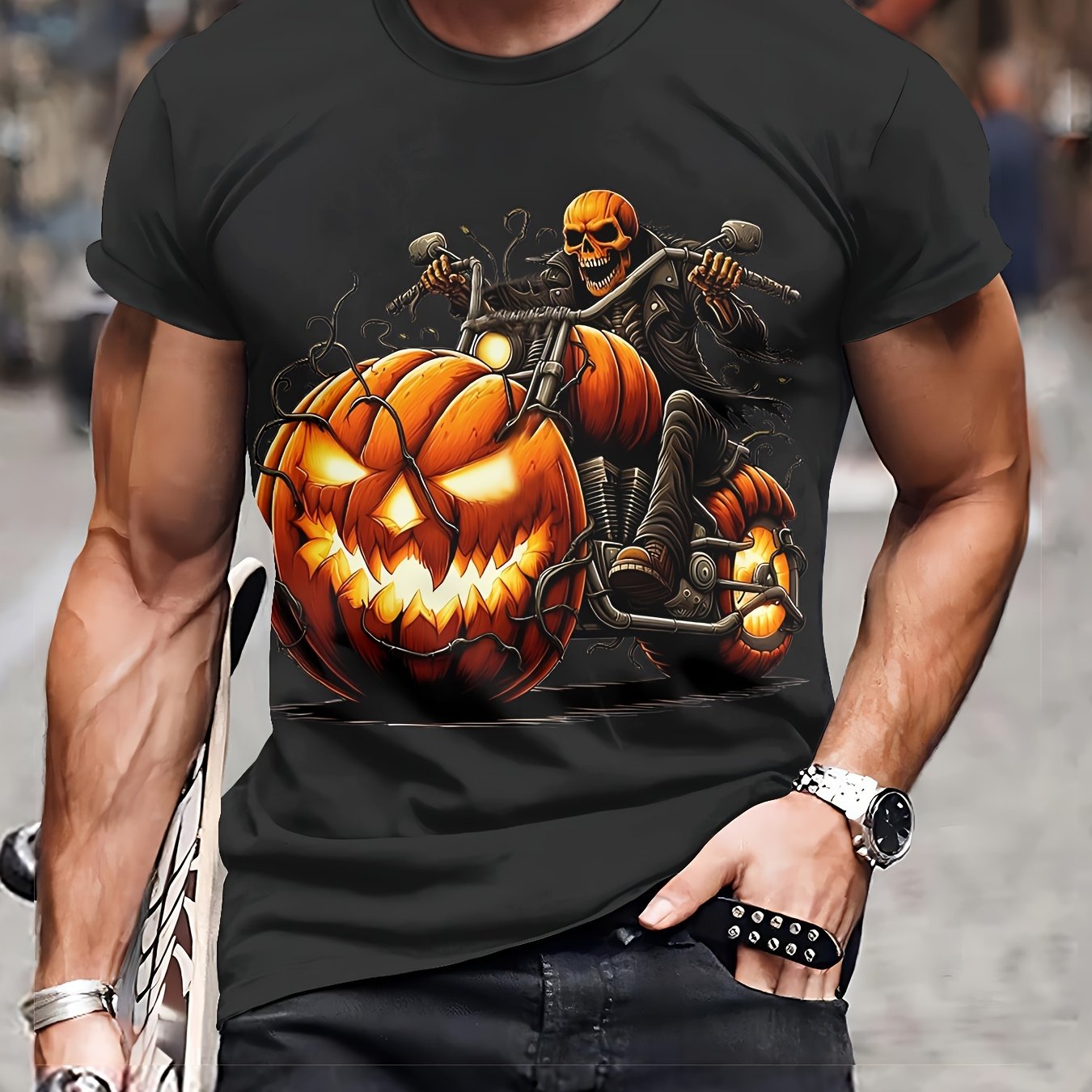 [Halloween Graphic Tee] Halloween Graphic Tee - Men's 3D Pumpkin Motorcycle Print T-Shirt | 100% Polyester Knit Fabric, Casual Crew Neck, Slight Stretch, Regular Fit, 110gsm