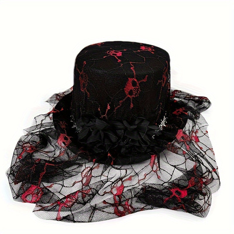 [Halloween Skull Lace Top Hat] Halloween Skull Lace Top Hat with Black Mesh Veil - Perfect for Costume Parties, Festivals, Christmas Events & Party Supplies