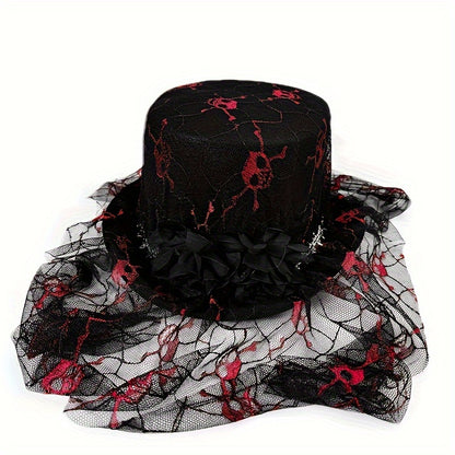 [Halloween Skull Lace Top Hat] Halloween Skull Lace Top Hat with Black Mesh Veil - Perfect for Costume Parties, Festivals, Christmas Events & Party Supplies