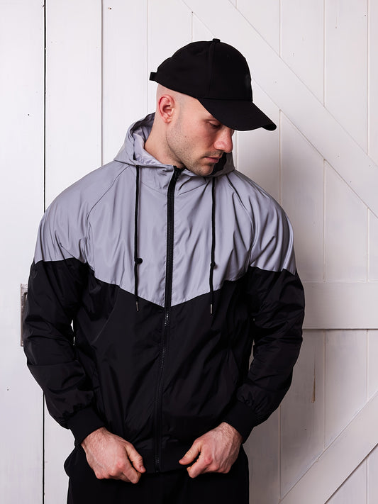 Men's Reflective Windproof Hooded Jacket - Stylish Black & White Gradient Design, Soft Shell for Spring/Fall Sports, Casual Loose Fit with Pockets, Windbreaker Jacket