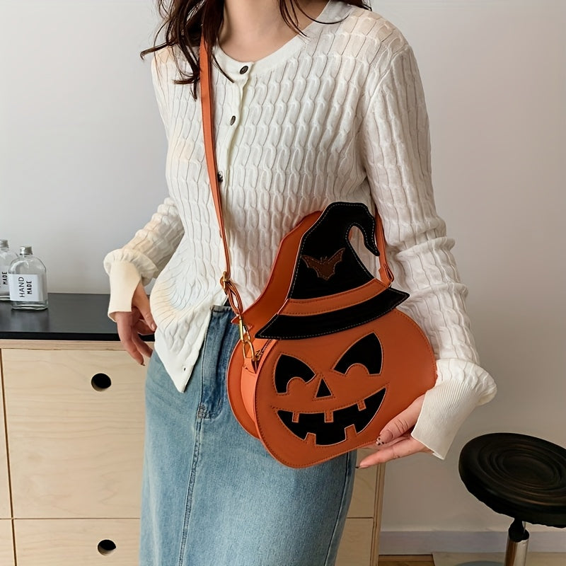 [Halloween Accessories] Halloween Pumpkin Crossbody Bag for Women - Large Capacity Synthetic Faux Leather Shoulder Purse with Adjustable Strap, Zipper Closure, and Festive Orange & Black Design, Halloween Accessories