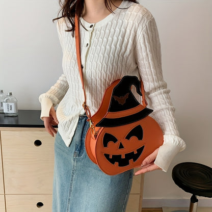 [Halloween Accessories] Halloween Pumpkin Crossbody Bag for Women - Large Capacity Synthetic Faux Leather Shoulder Purse with Adjustable Strap, Zipper Closure, and Festive Orange & Black Design, Halloween Accessories