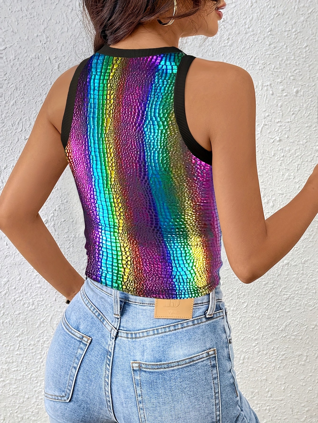 Women's Elegant Sequin Color Block Tank Top with Crisscross Front Hem Straps - Stretchy Round Neck Sleeveless Summer Top for Casual & Dressy Outfits, Ladies Tank Tops, Versatile Fashion, Nontransparent Fabric