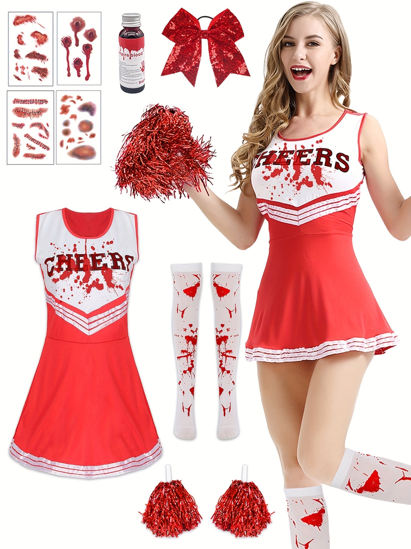 [Clothes without red pattern, with matching color DIY]Women's Zombie Cheerleader Halloween Costume, Adult Cheerleader Stockings, Adult Women's Cheerleader Dress, Zombie Costume, Halloween Scary Costume
