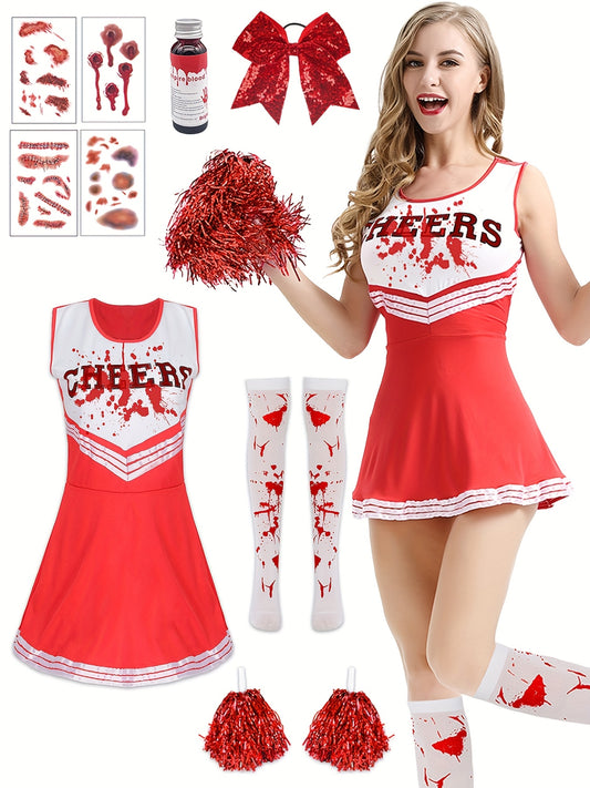 [Clothes without red pattern, with matching color DIY]Women's Zombie Cheerleader Halloween Costume, Adult Cheerleader Stockings, Adult Women's Cheerleader Dress, Zombie Costume, Halloween Scary Costume