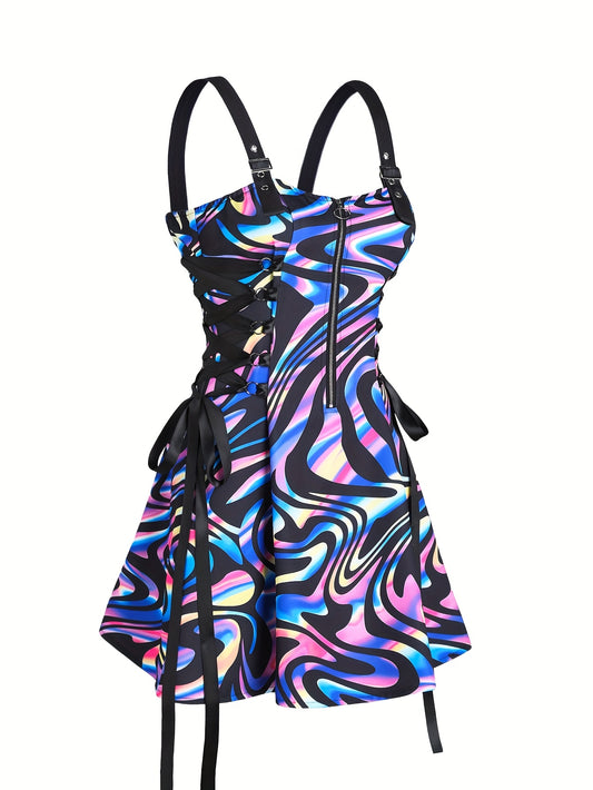 Women's Sleeveless Rainbow Striped Polyester Dress with Adjustable Straps and Front Zipper Closure - Casual Chic Design for All Seasons, Cute Dresses
