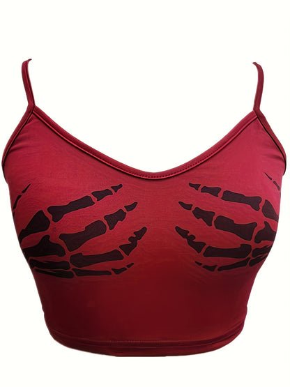 Women'S Sexy V-Neck Slingback Crop Top, Skull Hand Print, Knit Fabric, 95% Polyester 5% Spandex, All-Season, 180g/m², Polyester Knit Fabric, Sizes S-XL