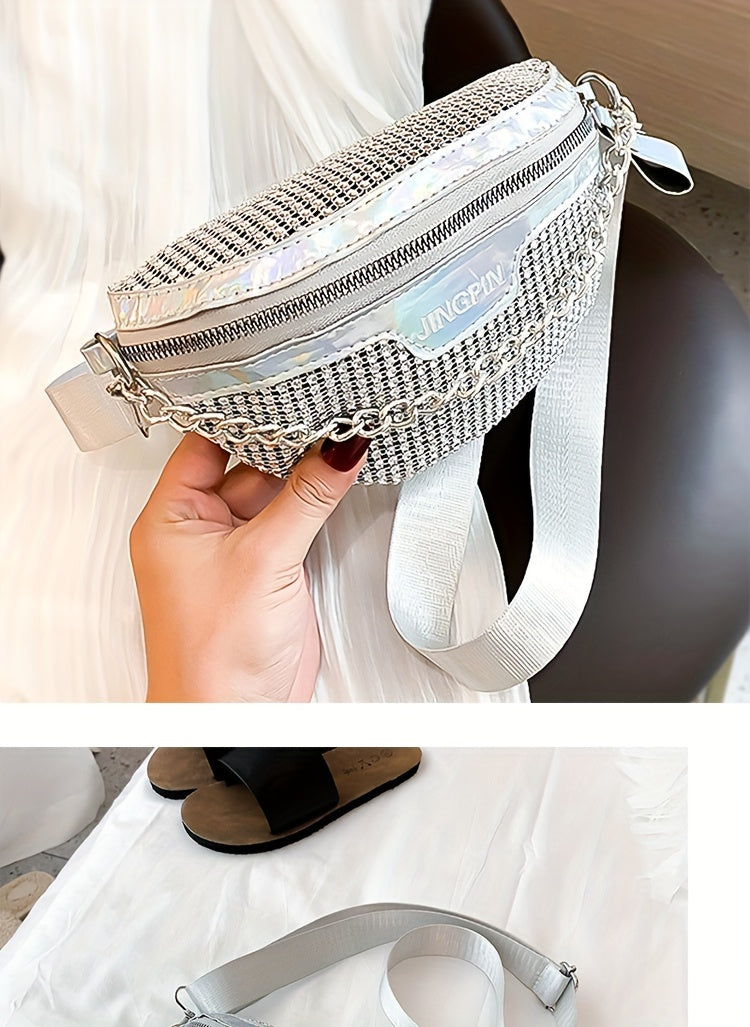 Shining Rhinestone Waist Bag, Bling-Bling belt bag for Women, Trendy Chain Decor Crossbody Chest Bag Bum Bag belt bag