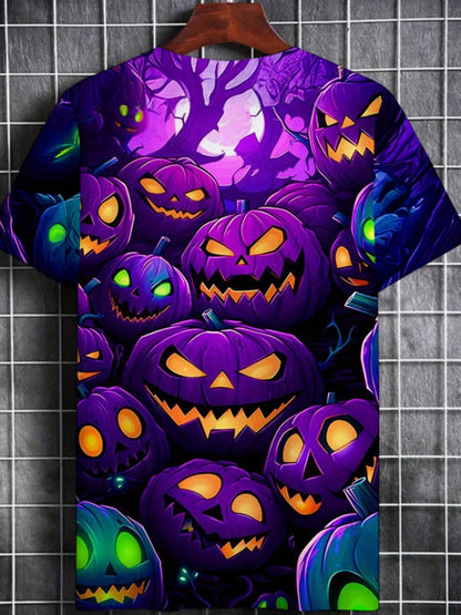 Men'S Halloween T-Shirt - Purple Pumpkin Graphic Tee with Jack-O'-Lanterns, Lightweight Breathable Fabric for Costume Parties, Halloween Bars, Clubs - Spooky Party Outfit Casual Attire - Easy-Care Round Neck Shirt, Halloween