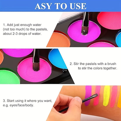 8 Colors Neon Glow in the Dark Face & Body Paint Set - Water Activated, Easy to Apply Paste for Vibrant, Fun & Creative Makeup Looks at Parties, Halloween, and Music Festivals, Party Makeup | Vibrant Neon Makeup | Easy Applic