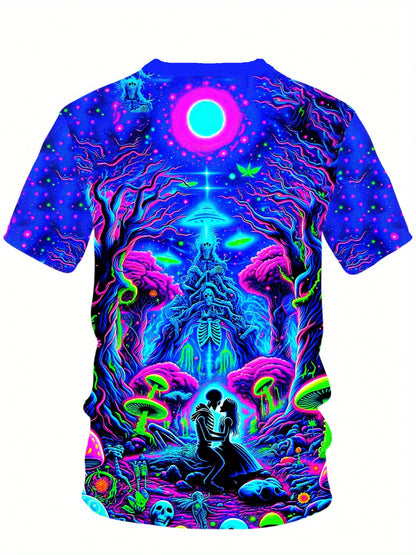 Men's 3D Printed Geometric Cosmic Scene Casual T-Shirt - Vibrant Neon Colors, Machine Washable Crew Neck Short Sleeve Top for Summer Outdoor Activities, Artistic Back Design