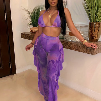 Sexy Tie Dye Matching Two-piece Set, Crop Halter Top & Fringe Hem Pants Outfits, Women's Clothing