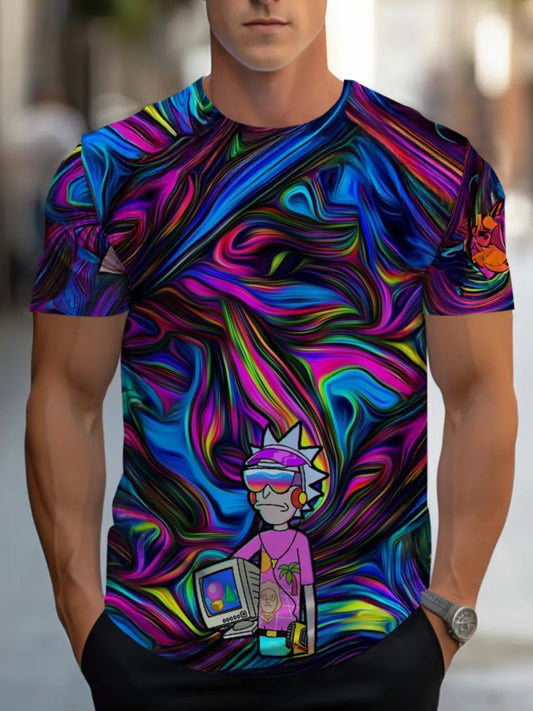 Men's Graphic T-Shirt - Bold Psychedelic Tee with Neon Swirls in Blue, Pink, Purple, Green, Orange, Black - Regular Fit Casual Shirt for Festival Outfits, Casual Attire - Machine Washable Statement Top, Streetwear Style, Geom