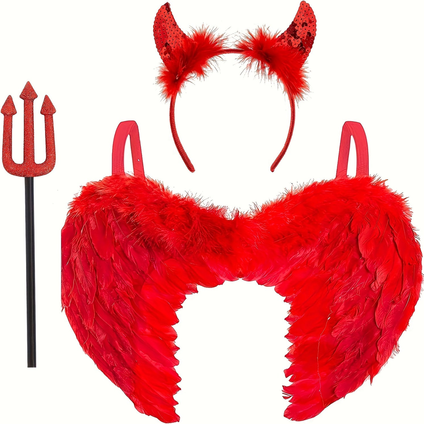 3pcs Red Angel Costume Set - Red Angel Wings, Red Devil Horns and Devil Fork Outfit - Female Devil Halloween Costume - Red Devil Wings, Devil Fork, and Devil Headband with Artificial Feathers Carnival Party Dress-Up