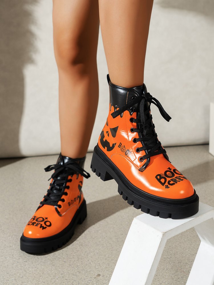 Trendy Plus Size Women's Halloween Print Lace-Up Boots - Thick Low Heel Round Toe PU Cover Short Boots with Rubber Sole, All-Season Comfort for Casual & Festive Occasions