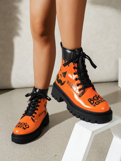 Trendy Plus Size Women's Halloween Print Lace-Up Boots - Thick Low Heel Round Toe PU Cover Short Boots with Rubber Sole, All-Season Comfort for Casual & Festive Occasions