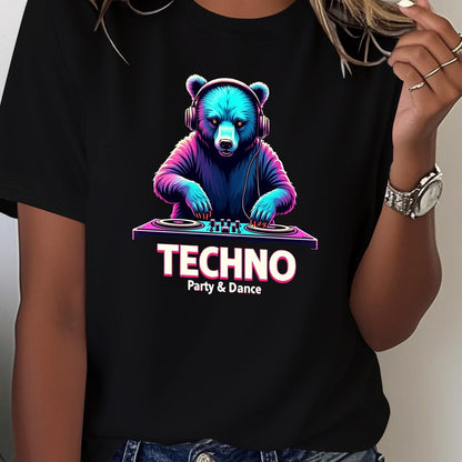 Women's Techno Party Bear DJ Graphic T-Shirt - Dark Grey with Neon Accents - Soft Everyday Tee for Clubbing, Raves & Casual Outfits - Machine Washable Party Shirt, Disco Party Outfit, Rave Clothing, Vibrant Print, Comfortable