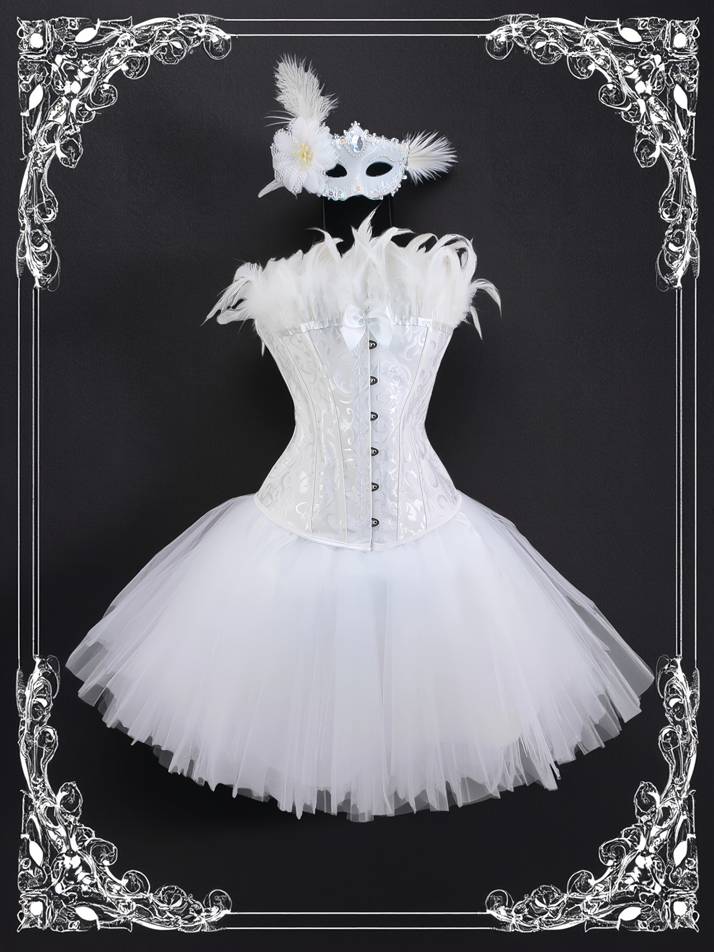[Gothic Style Costume Set] Gothic Style Jacquard CORSETS + TUTU Skirt + Mask Set | Halloween Black Swan, Black Angel Costume Set - Party Outfit Set