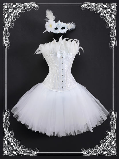 [Gothic Style Costume Set] Gothic Style Jacquard CORSETS + TUTU Skirt + Mask Set | Halloween Black Swan, Black Angel Costume Set - Party Outfit Set