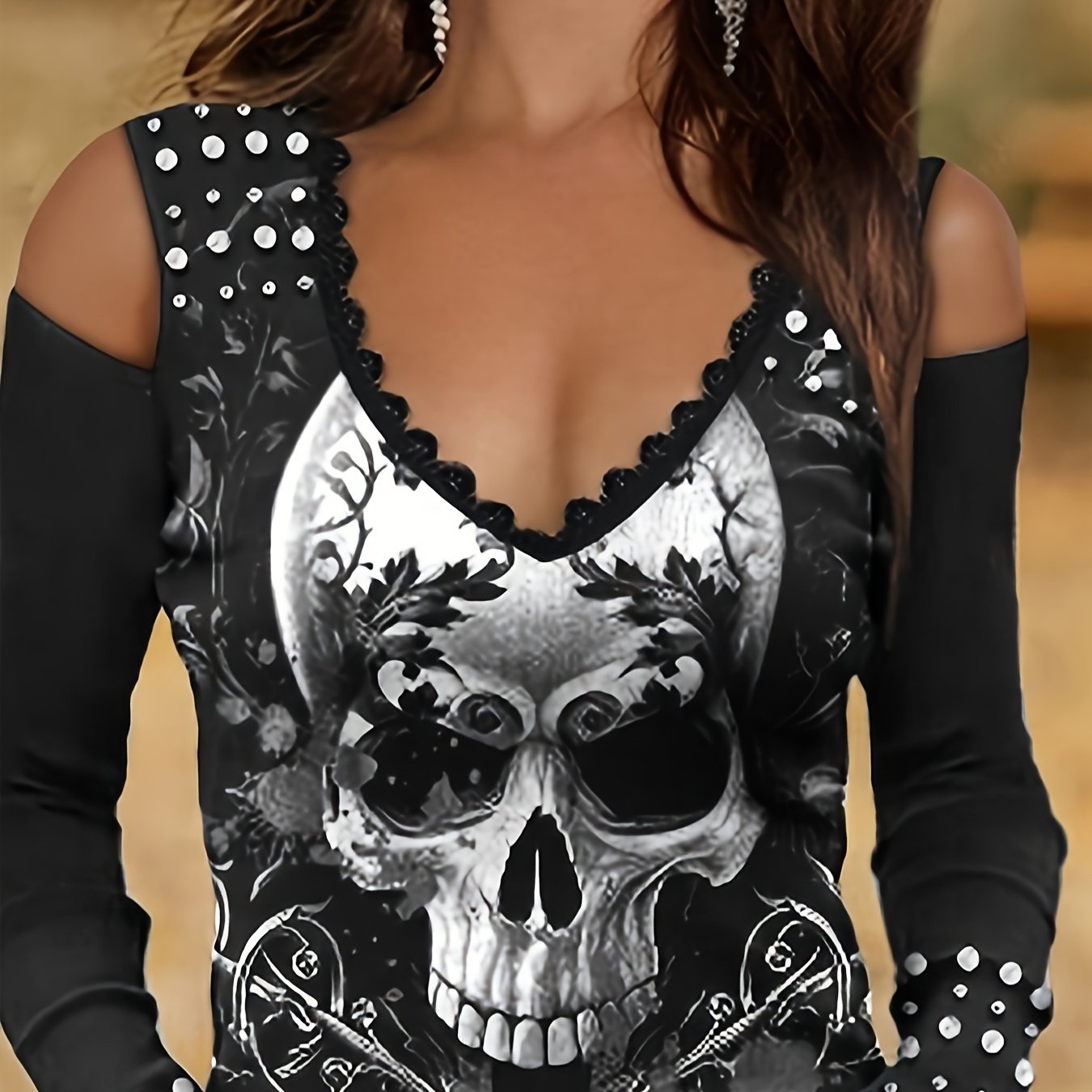 Vintage Skull Print Cold Shoulder T-Shirt - Trendy Long Sleeve Design with Cozy Fit, Distressed Retro Look, and Bold Graphic Print - Perfect for Spring & Fall, Womens Fashion Clothing